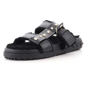 Valentino Rockstud Black Shearling Fur Caged Slides Sandals
